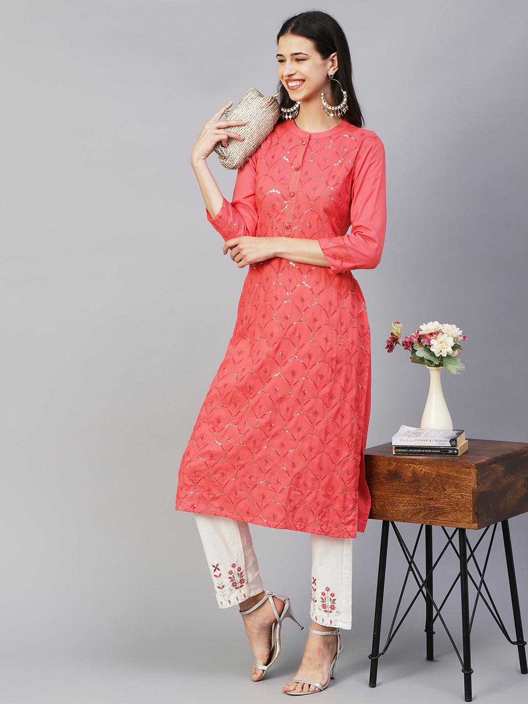 Solid Sequins & Resham Jaal Embroidered Kurta - Peach - Indiakreations