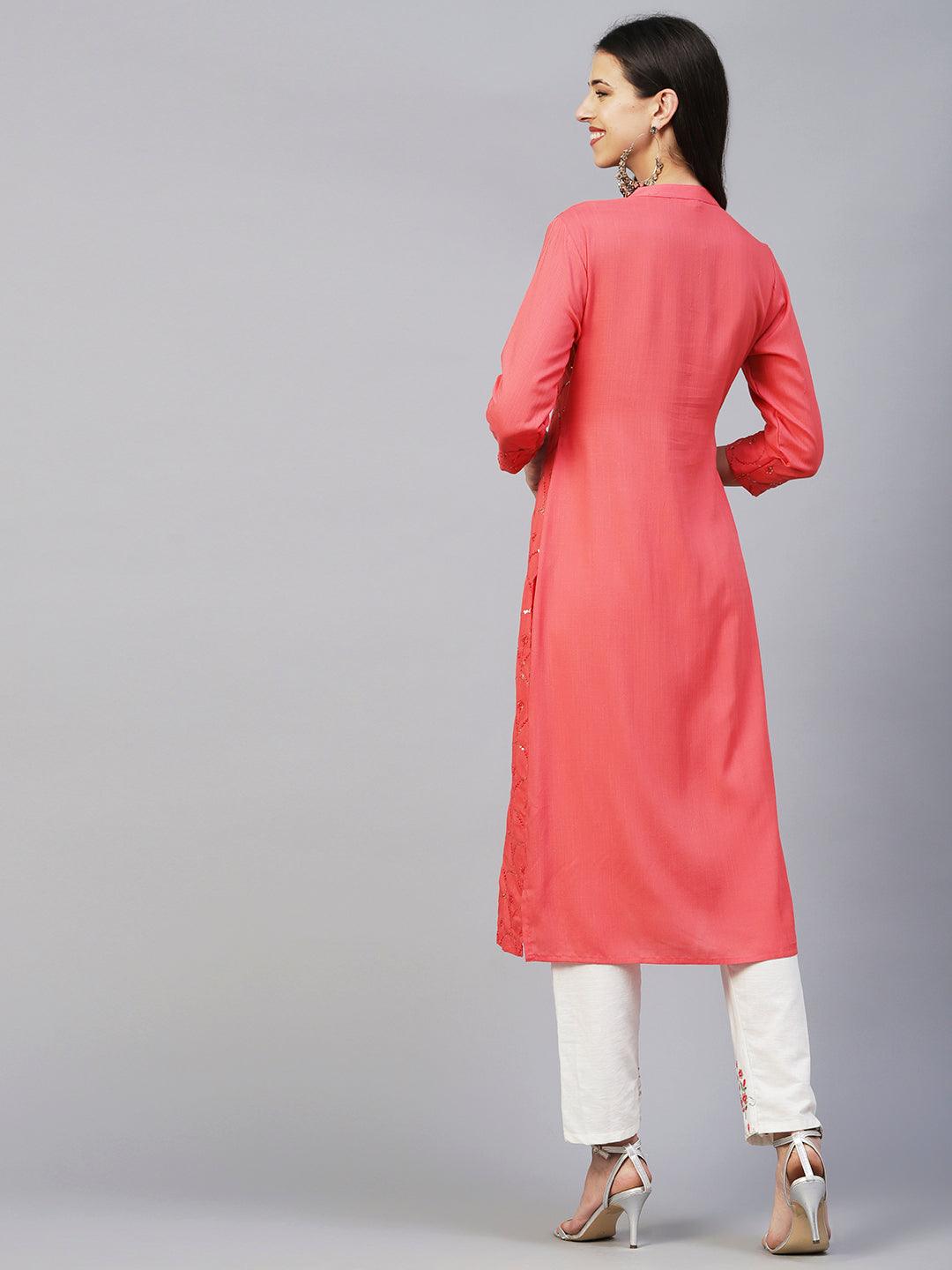 Solid Sequins & Resham Jaal Embroidered Kurta - Peach - Indiakreations