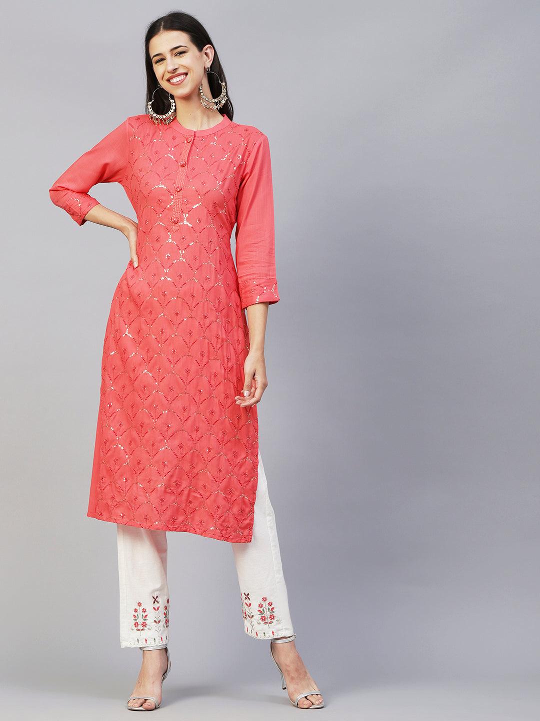 Solid Sequins & Resham Jaal Embroidered Kurta - Peach - Indiakreations