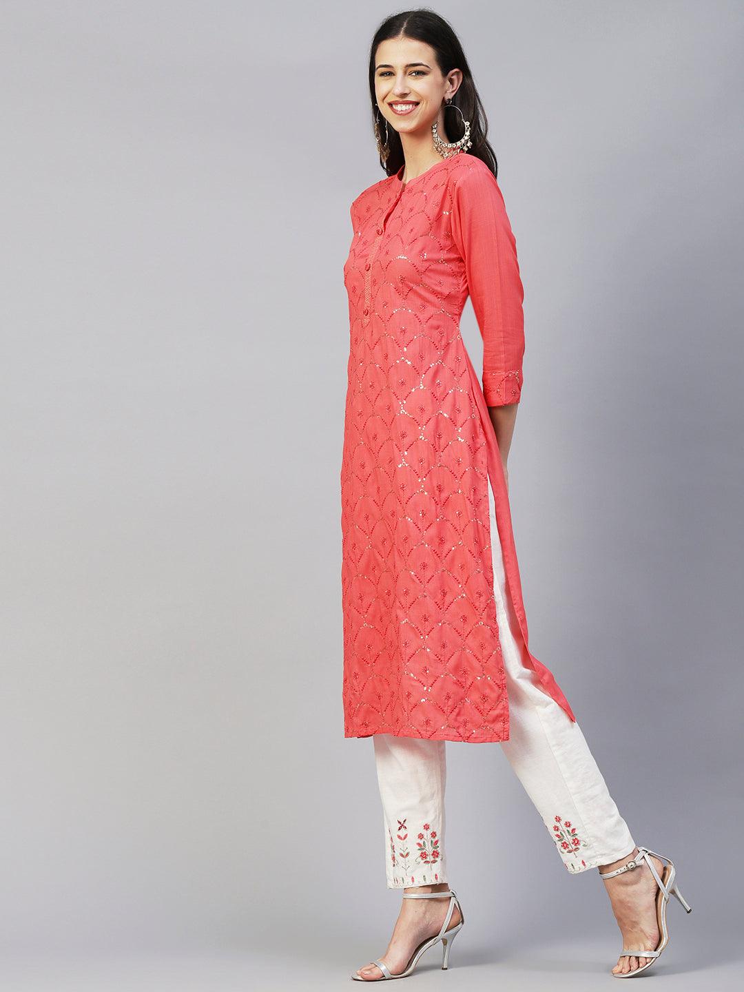 Solid Sequins & Resham Jaal Embroidered Kurta - Peach - Indiakreations