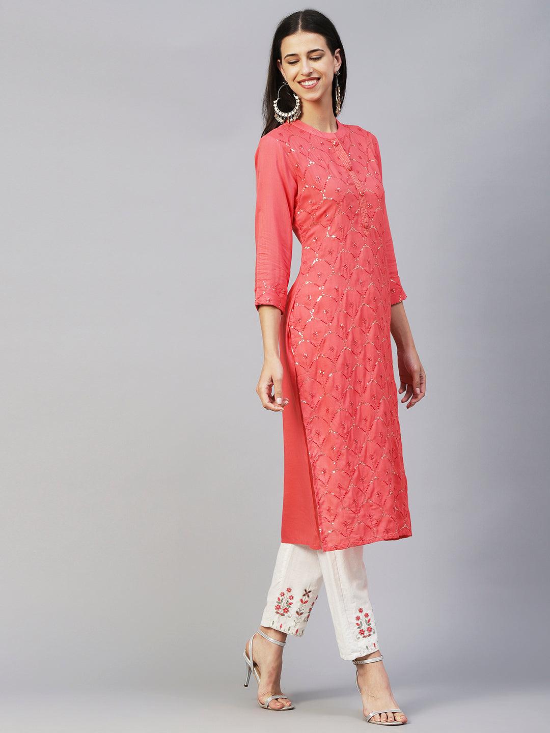 Solid Sequins & Resham Jaal Embroidered Kurta - Peach - Indiakreations