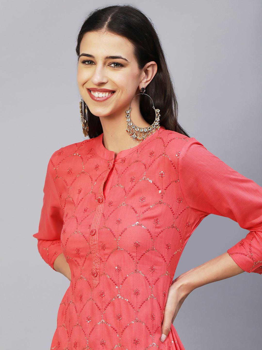 Solid Sequins & Resham Jaal Embroidered Kurta - Peach - Indiakreations