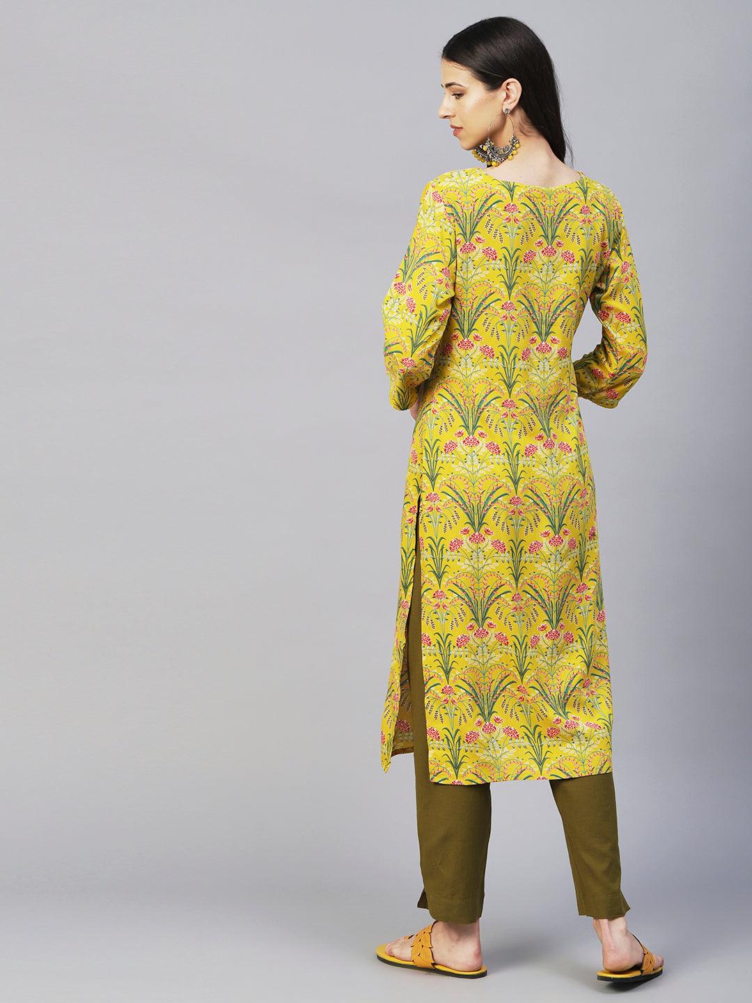 Floral Printed Fringed Tasseled & Gota Temple Lace Ornamented Kurta - Yellow - Indiakreations