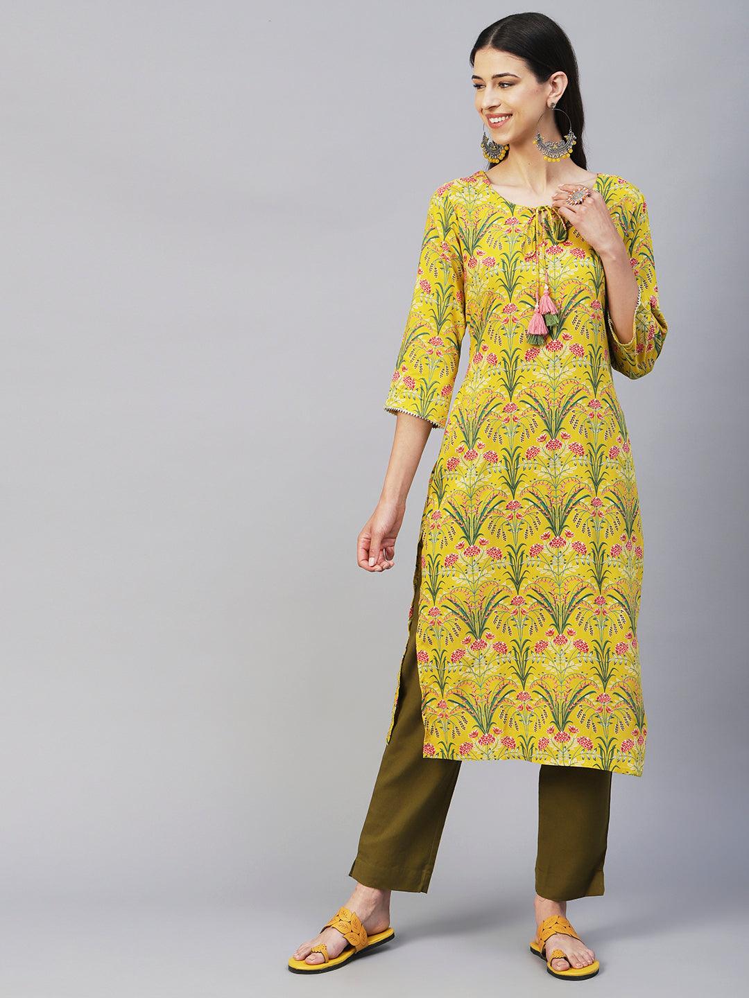 Floral Printed Fringed Tasseled & Gota Temple Lace Ornamented Kurta - Yellow - Indiakreations