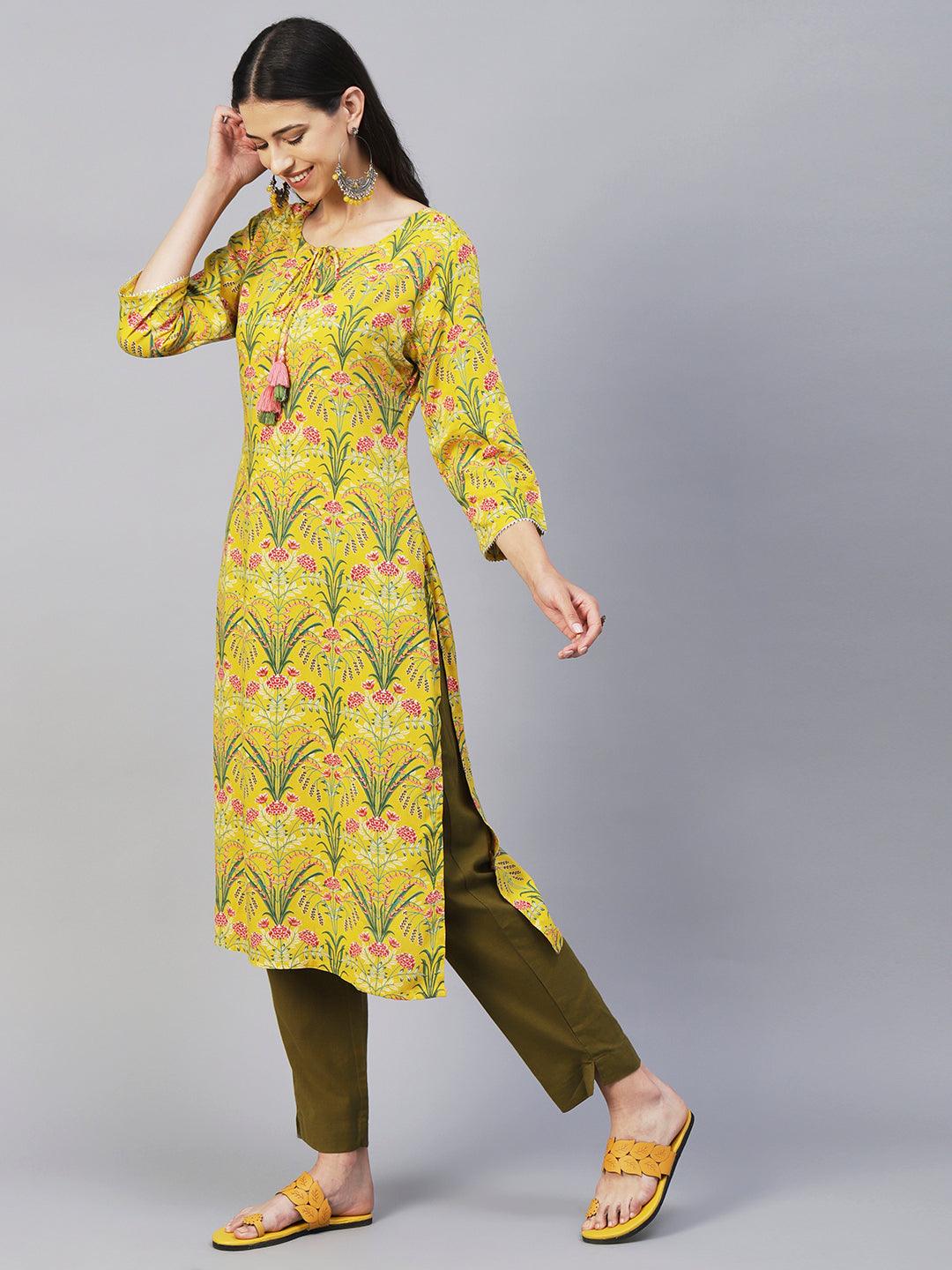 Floral Printed Fringed Tasseled & Gota Temple Lace Ornamented Kurta - Yellow - Indiakreations