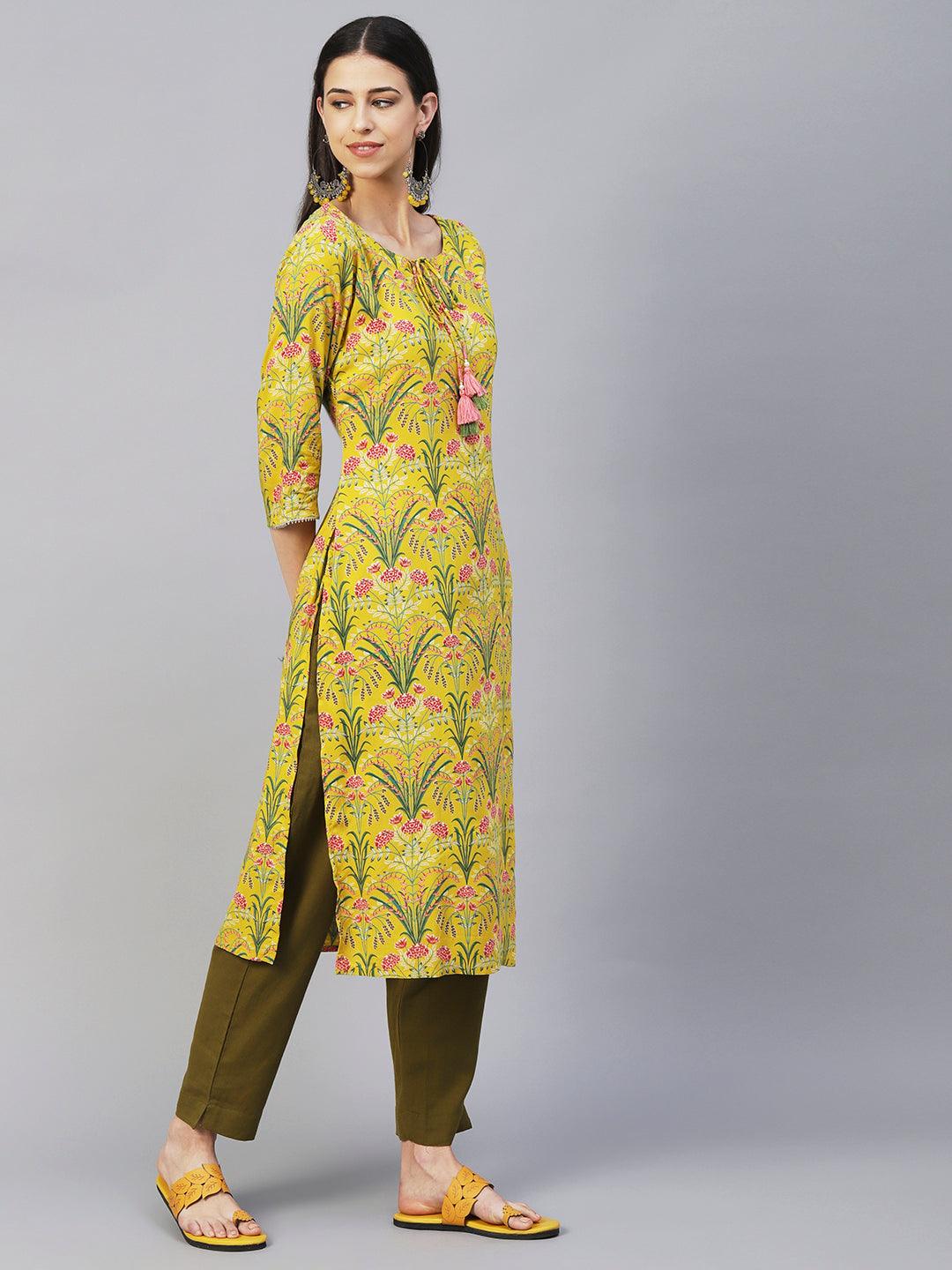 Floral Printed Fringed Tasseled & Gota Temple Lace Ornamented Kurta - Yellow - Indiakreations