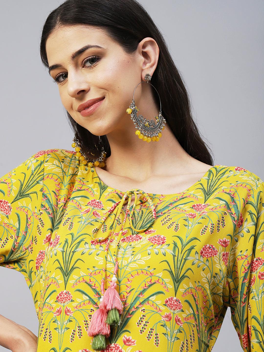 Floral Printed Fringed Tasseled & Gota Temple Lace Ornamented Kurta - Yellow - Indiakreations