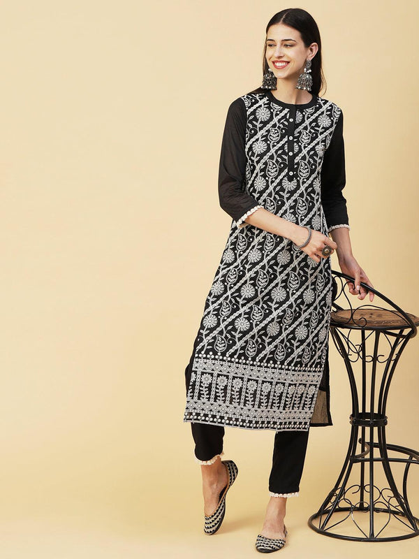 Solid Ethnic & Floral Jaal Chikankari Embroidered Kurta With Pants - Black - Indiakreations