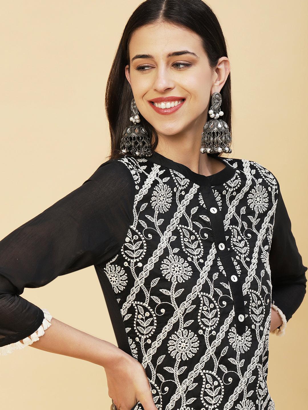 Solid Ethnic & Floral Jaal Chikankari Embroidered Kurta With Pants - Black - Indiakreations