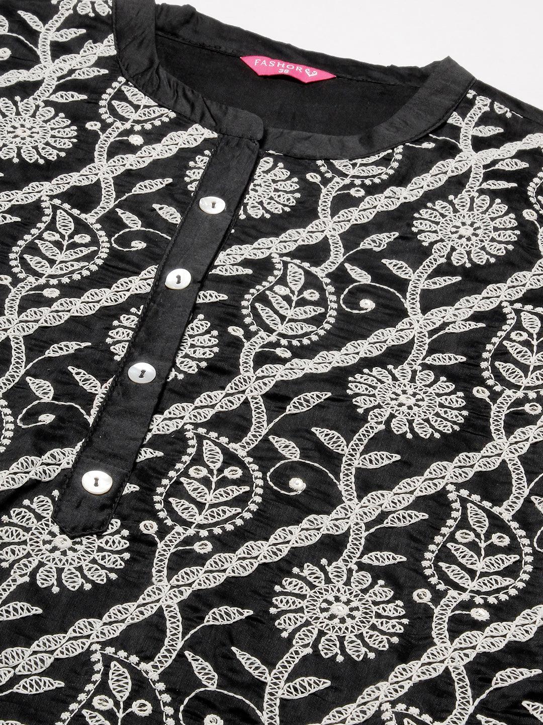 Solid Ethnic & Floral Jaal Chikankari Embroidered Kurta With Pants - Black - Indiakreations