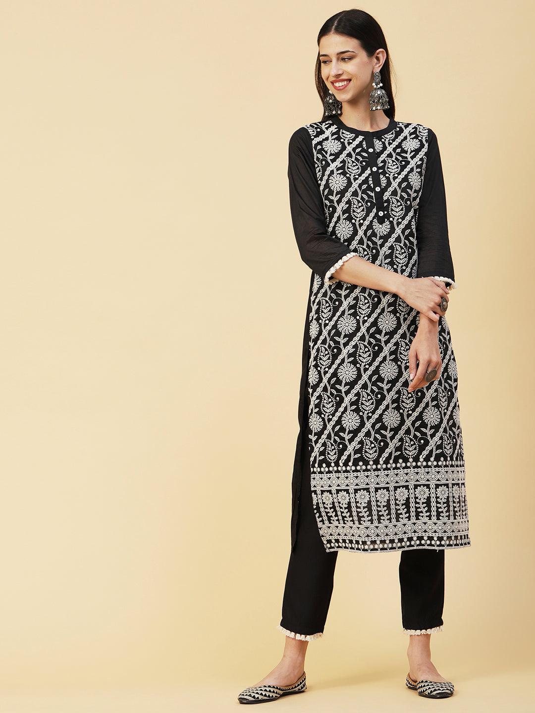 Solid Ethnic & Floral Jaal Chikankari Embroidered Kurta With Pants - Black - Indiakreations