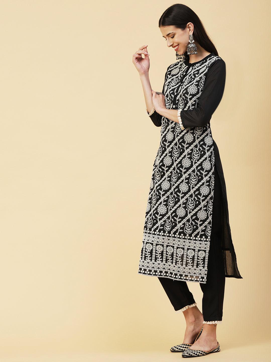 Solid Ethnic & Floral Jaal Chikankari Embroidered Kurta With Pants - Black - Indiakreations