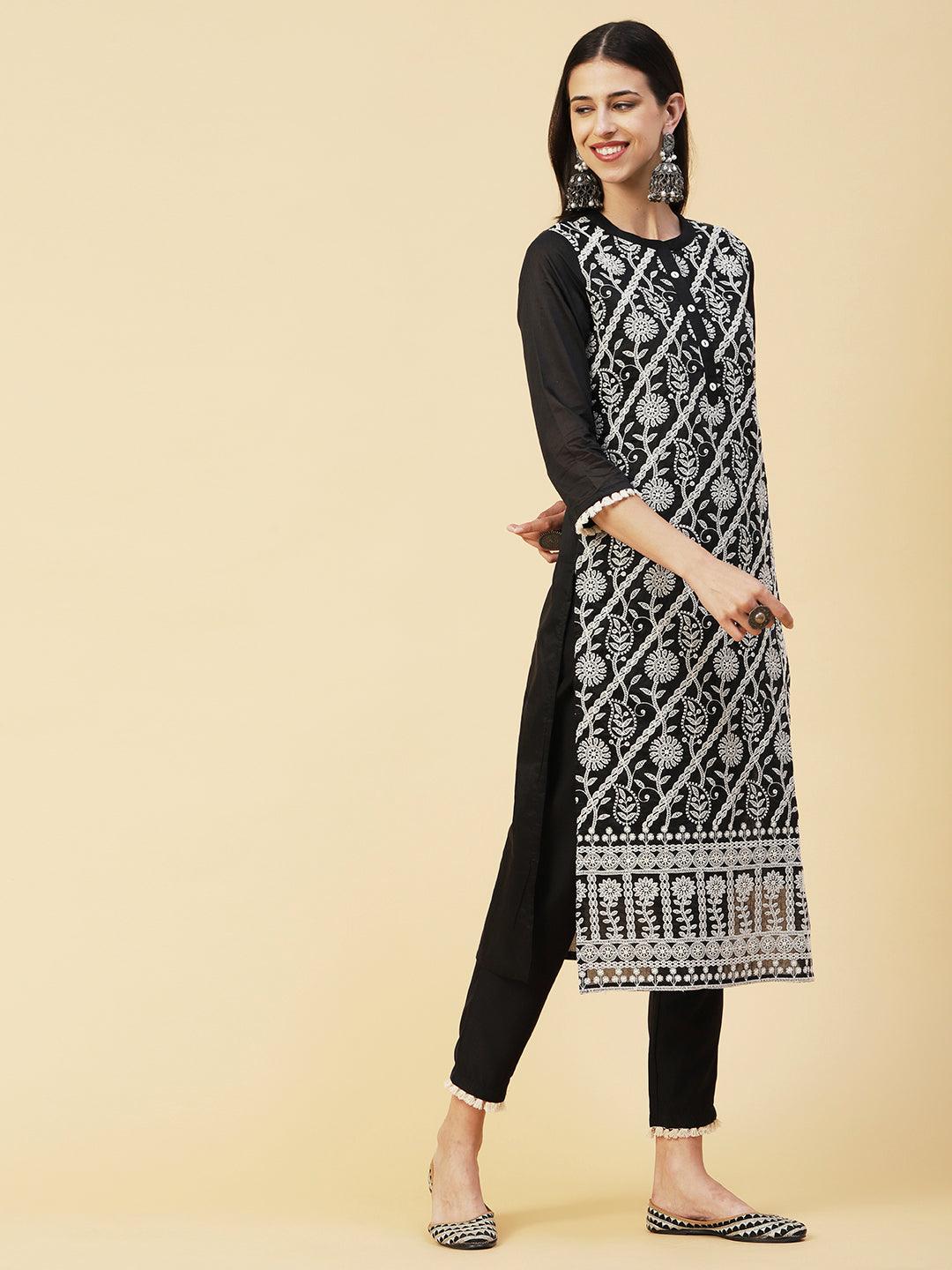 Solid Ethnic & Floral Jaal Chikankari Embroidered Kurta With Pants - Black - Indiakreations