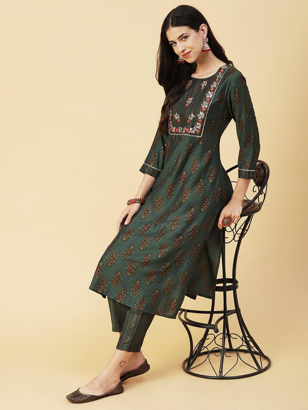 Ethnic Block Printed Mirror & Zari Embroidered Kurta With Striped Pants - Dark Green - Indiakreations