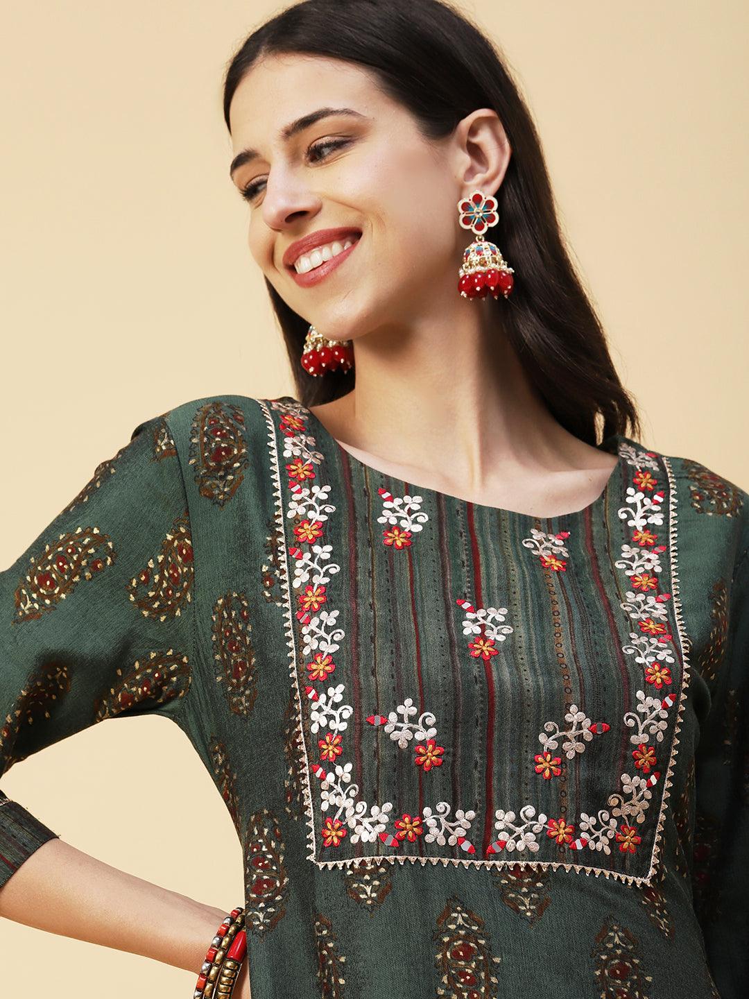 Ethnic Block Printed Mirror & Zari Embroidered Kurta With Striped Pants - Dark Green - Indiakreations