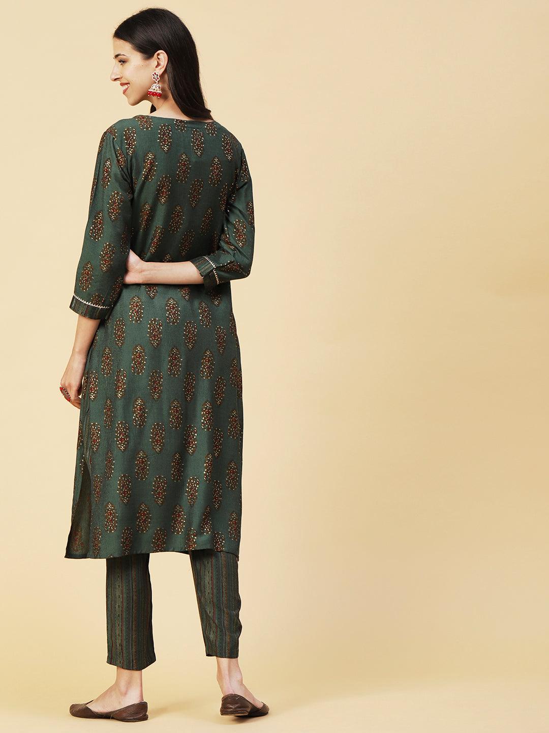 Ethnic Block Printed Mirror & Zari Embroidered Kurta With Striped Pants - Dark Green - Indiakreations