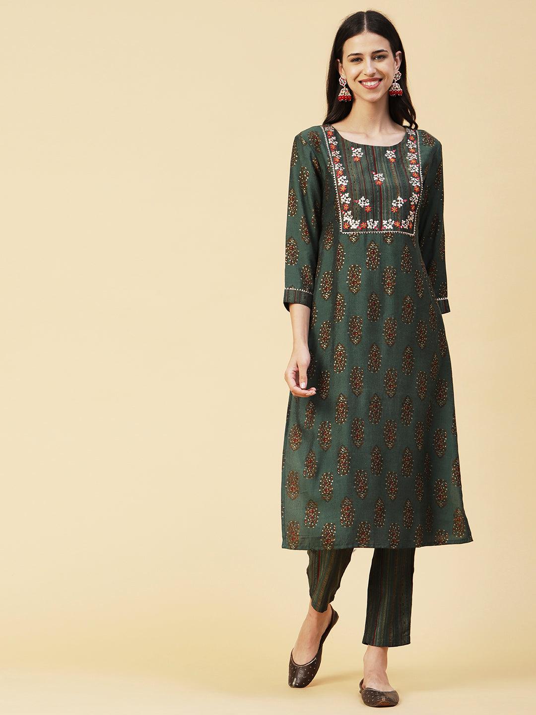 Ethnic Block Printed Mirror & Zari Embroidered Kurta With Striped Pants - Dark Green - Indiakreations