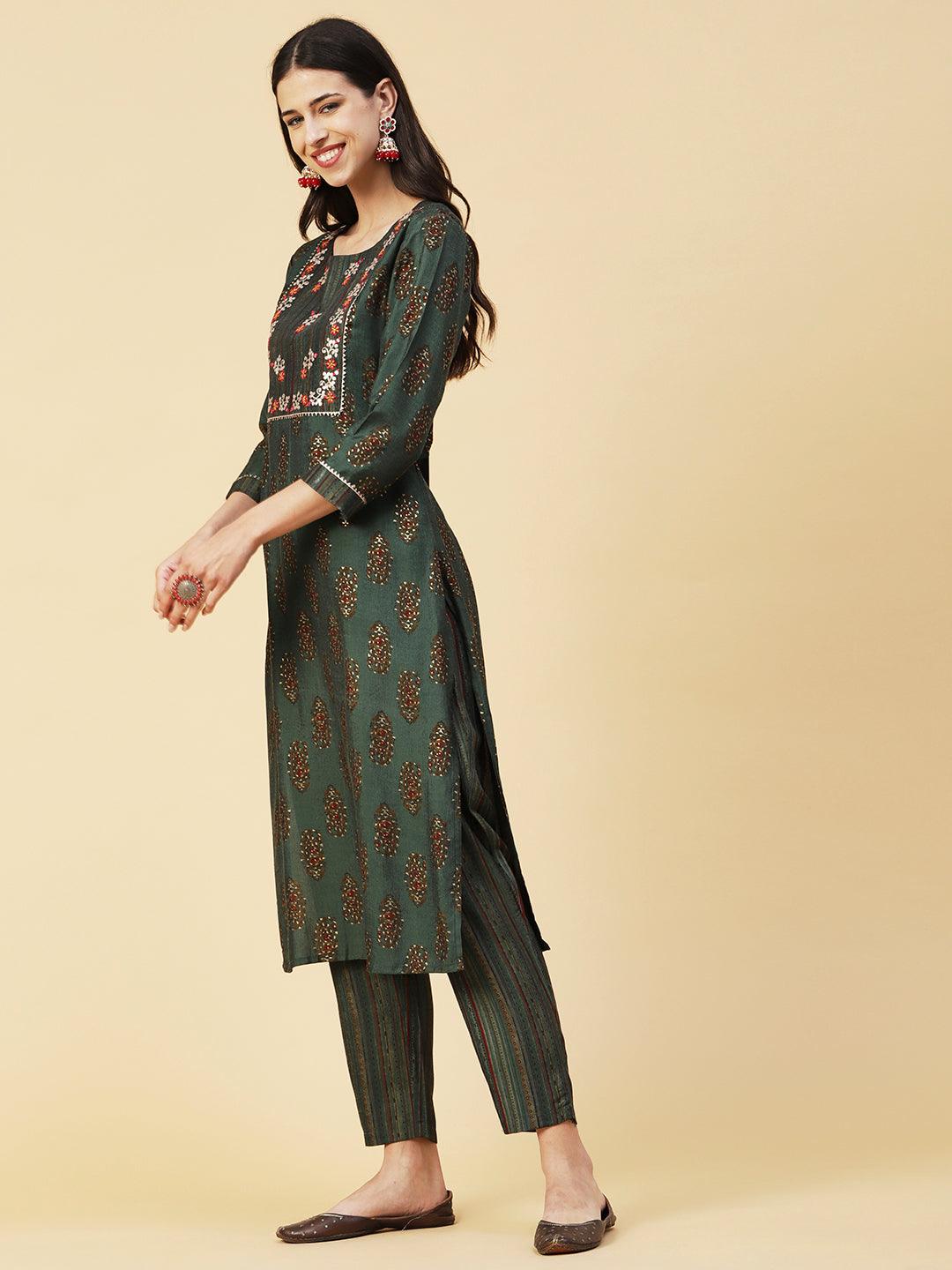 Ethnic Block Printed Mirror & Zari Embroidered Kurta With Striped Pants - Dark Green - Indiakreations