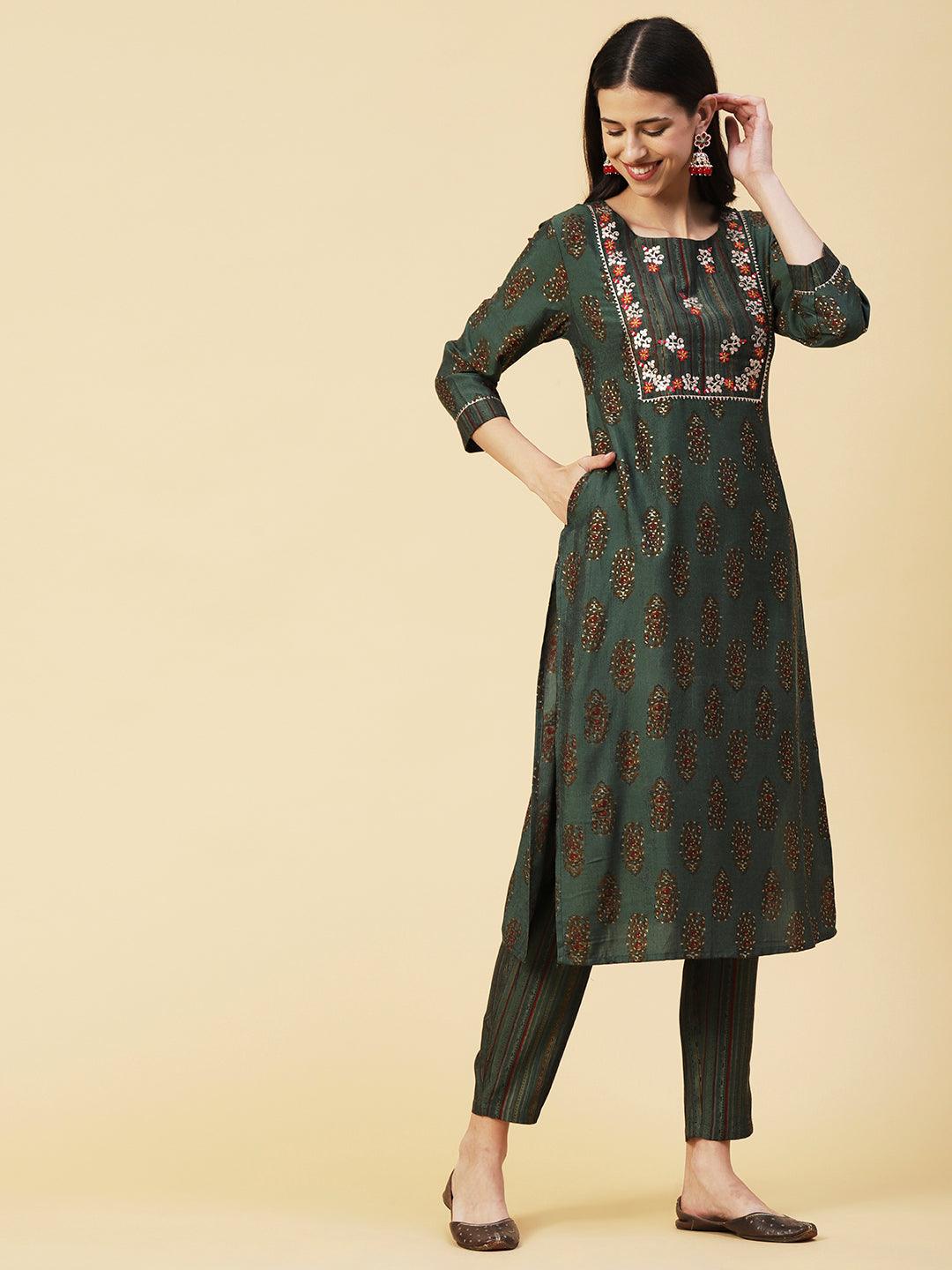 Ethnic Block Printed Mirror & Zari Embroidered Kurta With Striped Pants - Dark Green - Indiakreations