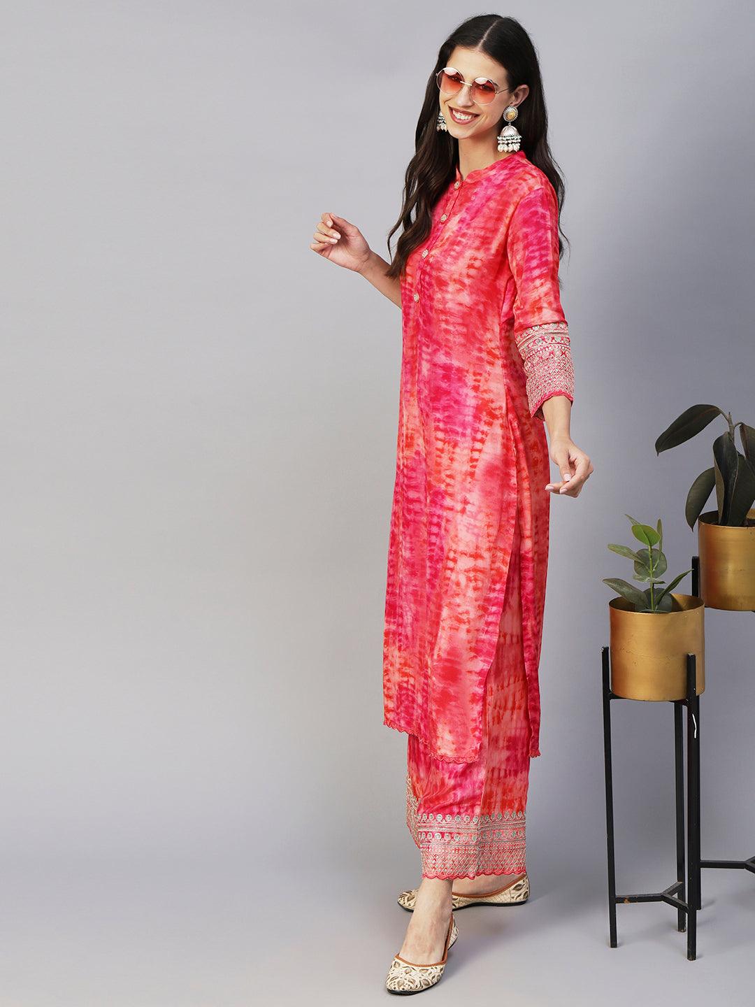 Shibori Dyed Zari Dori & Sequins Embroidered Kurta With Palazzo - Pink - Indiakreations