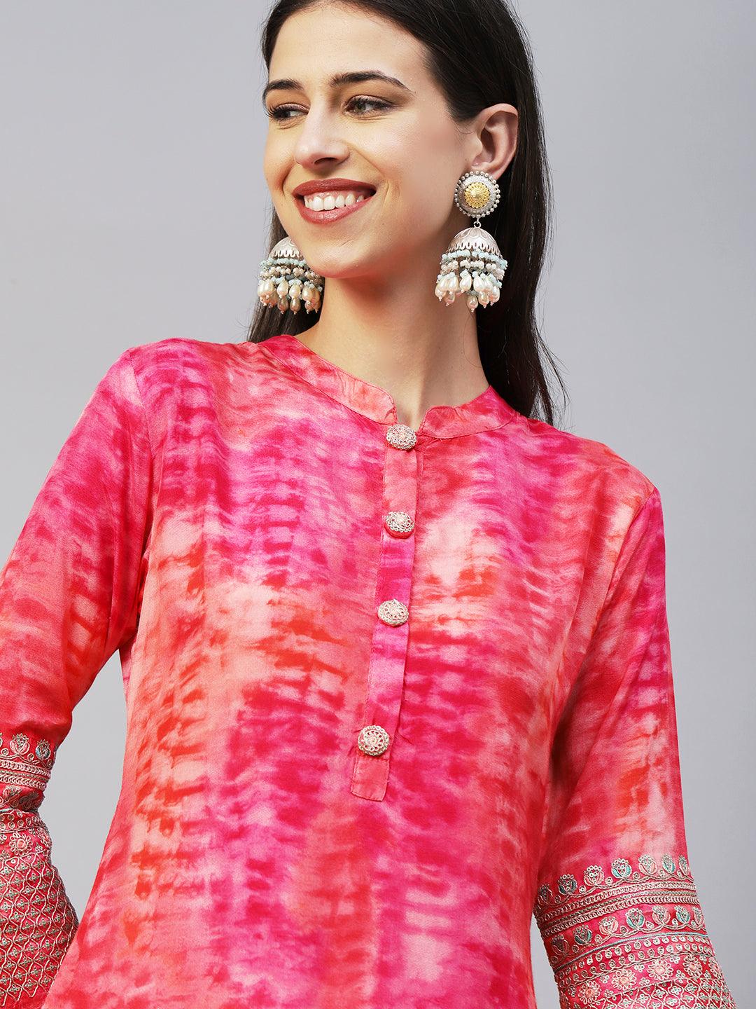 Shibori Dyed Zari Dori & Sequins Embroidered Kurta With Palazzo - Pink - Indiakreations