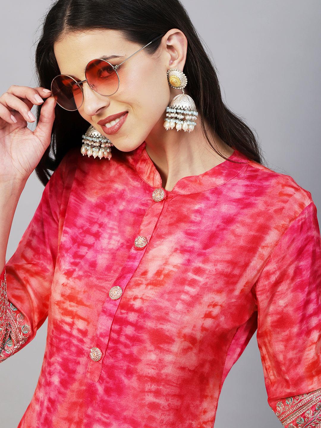 Shibori Dyed Zari Dori & Sequins Embroidered Kurta With Palazzo - Pink - Indiakreations