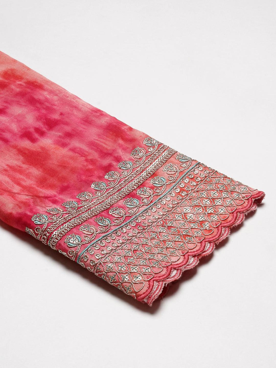 Shibori Dyed Zari Dori & Sequins Embroidered Kurta With Palazzo - Pink - Indiakreations