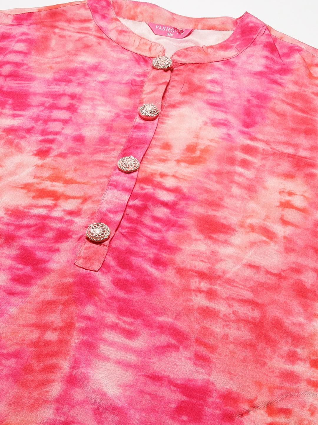 Shibori Dyed Zari Dori & Sequins Embroidered Kurta With Palazzo - Pink - Indiakreations