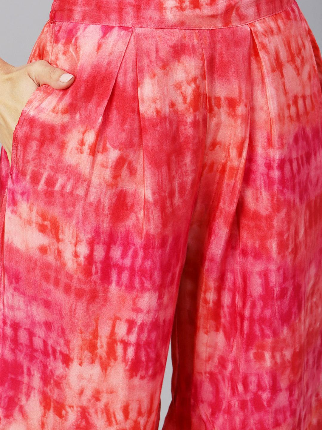 Shibori Dyed Zari Dori & Sequins Embroidered Kurta With Palazzo - Pink - Indiakreations