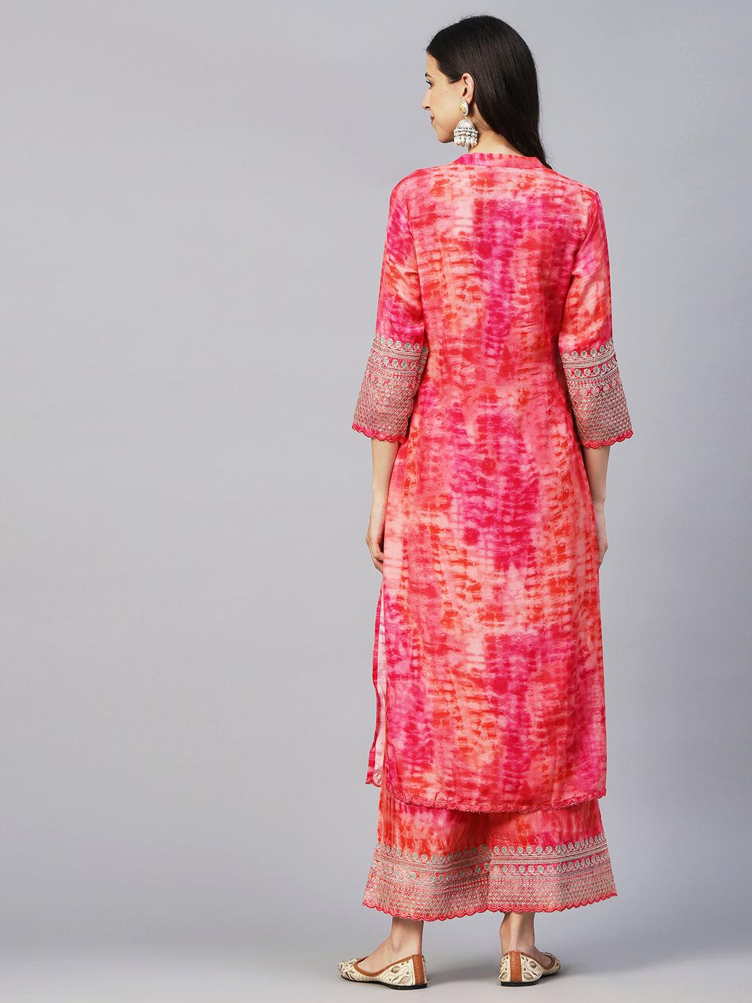 Shibori Dyed Zari Dori & Sequins Embroidered Kurta With Palazzo - Pink - Indiakreations