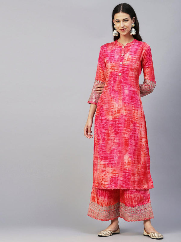 Shibori Dyed Zari Dori & Sequins Embroidered Kurta With Palazzo - Pink - Indiakreations