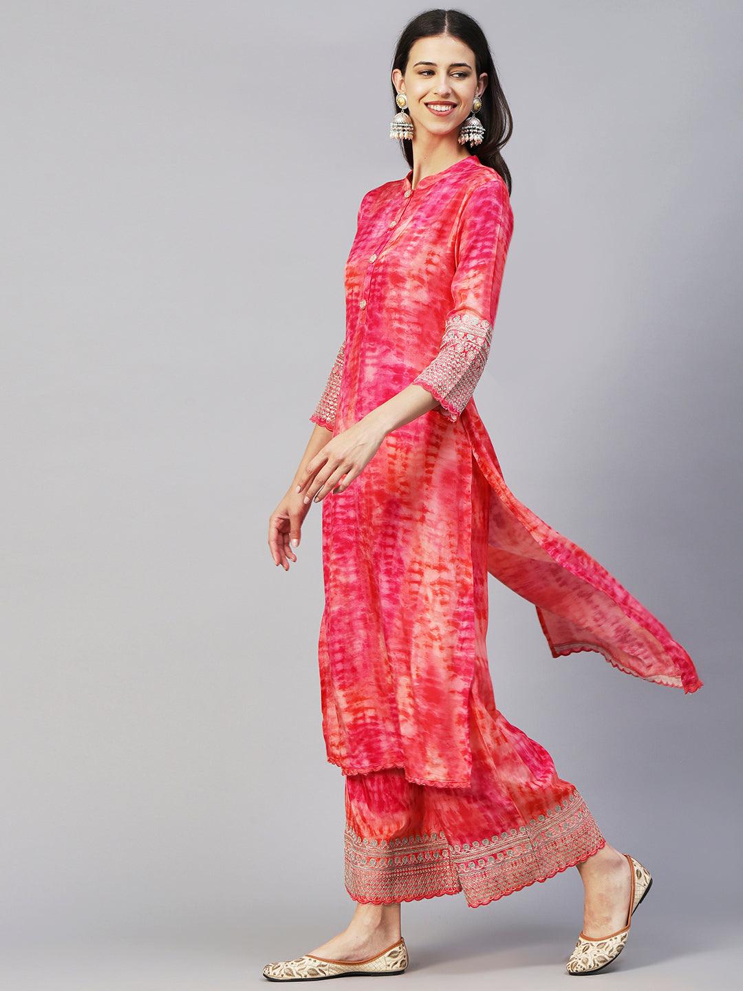 Shibori Dyed Zari Dori & Sequins Embroidered Kurta With Palazzo - Pink - Indiakreations