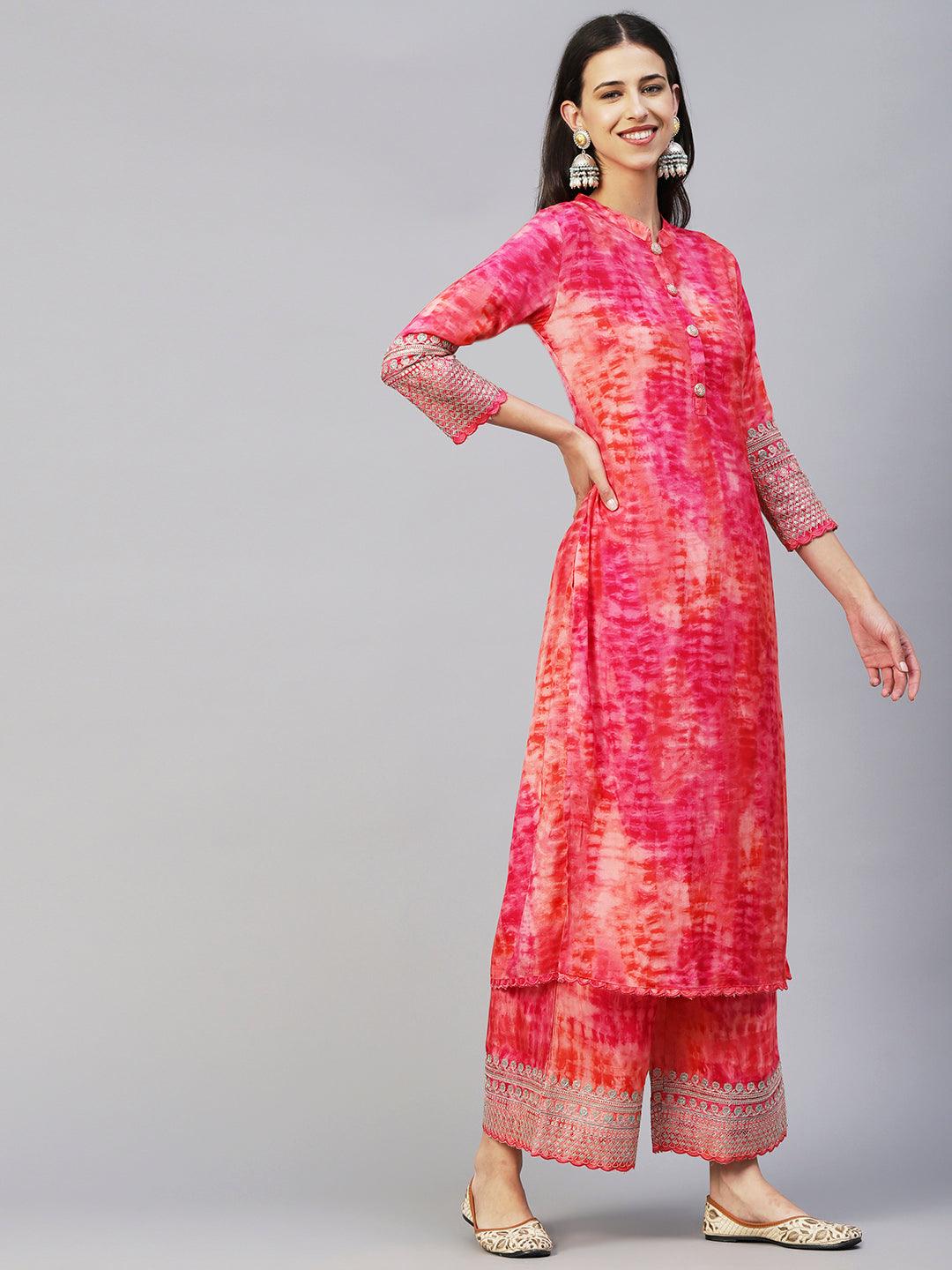 Shibori Dyed Zari Dori & Sequins Embroidered Kurta With Palazzo - Pink - Indiakreations