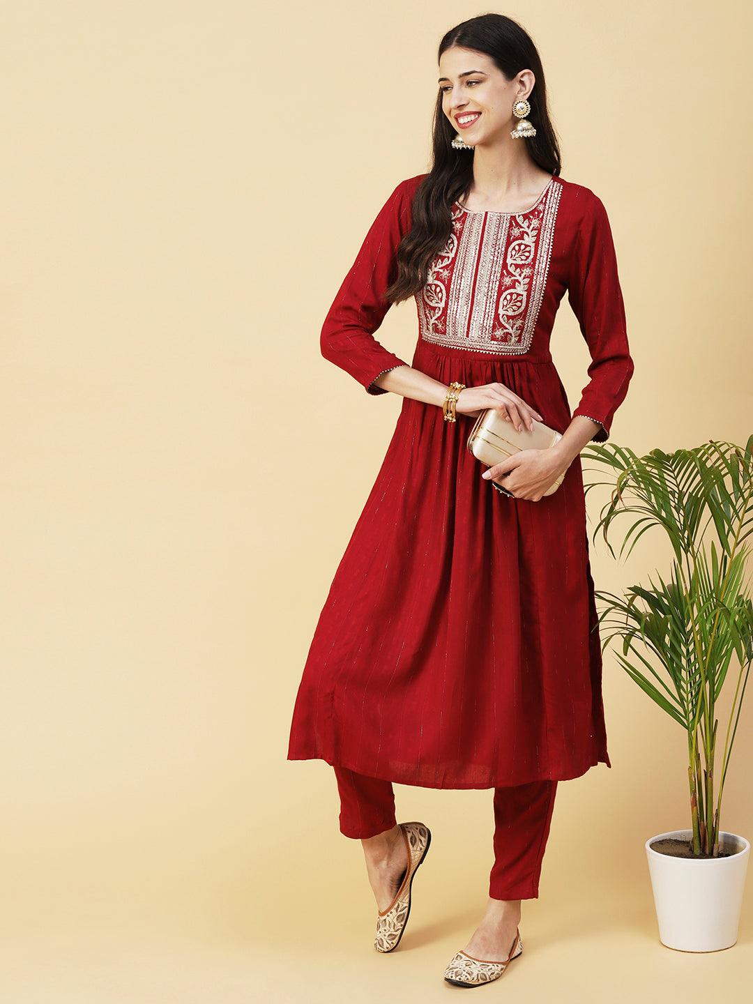 Lurex Striped Dobby Design Zari & Resham Embroidered Kurta With Pants - Maroon - Indiakreations