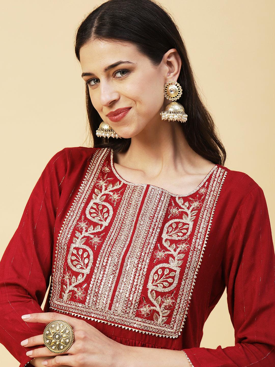 Lurex Striped Dobby Design Zari & Resham Embroidered Kurta With Pants - Maroon - Indiakreations