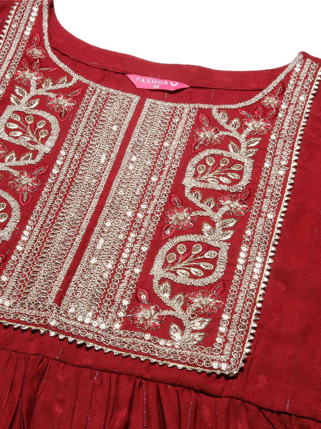 Lurex Striped Dobby Design Zari & Resham Embroidered Kurta With Pants - Maroon - Indiakreations