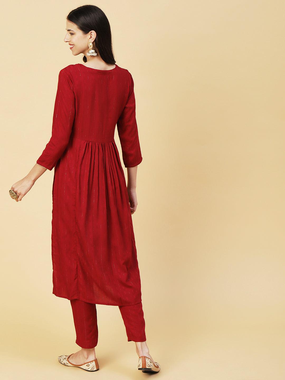 Lurex Striped Dobby Design Zari & Resham Embroidered Kurta With Pants - Maroon - Indiakreations