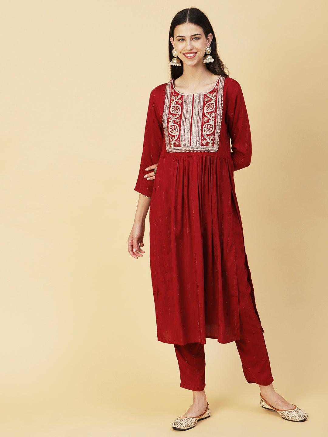 Lurex Striped Dobby Design Zari & Resham Embroidered Kurta With Pants - Maroon - Indiakreations