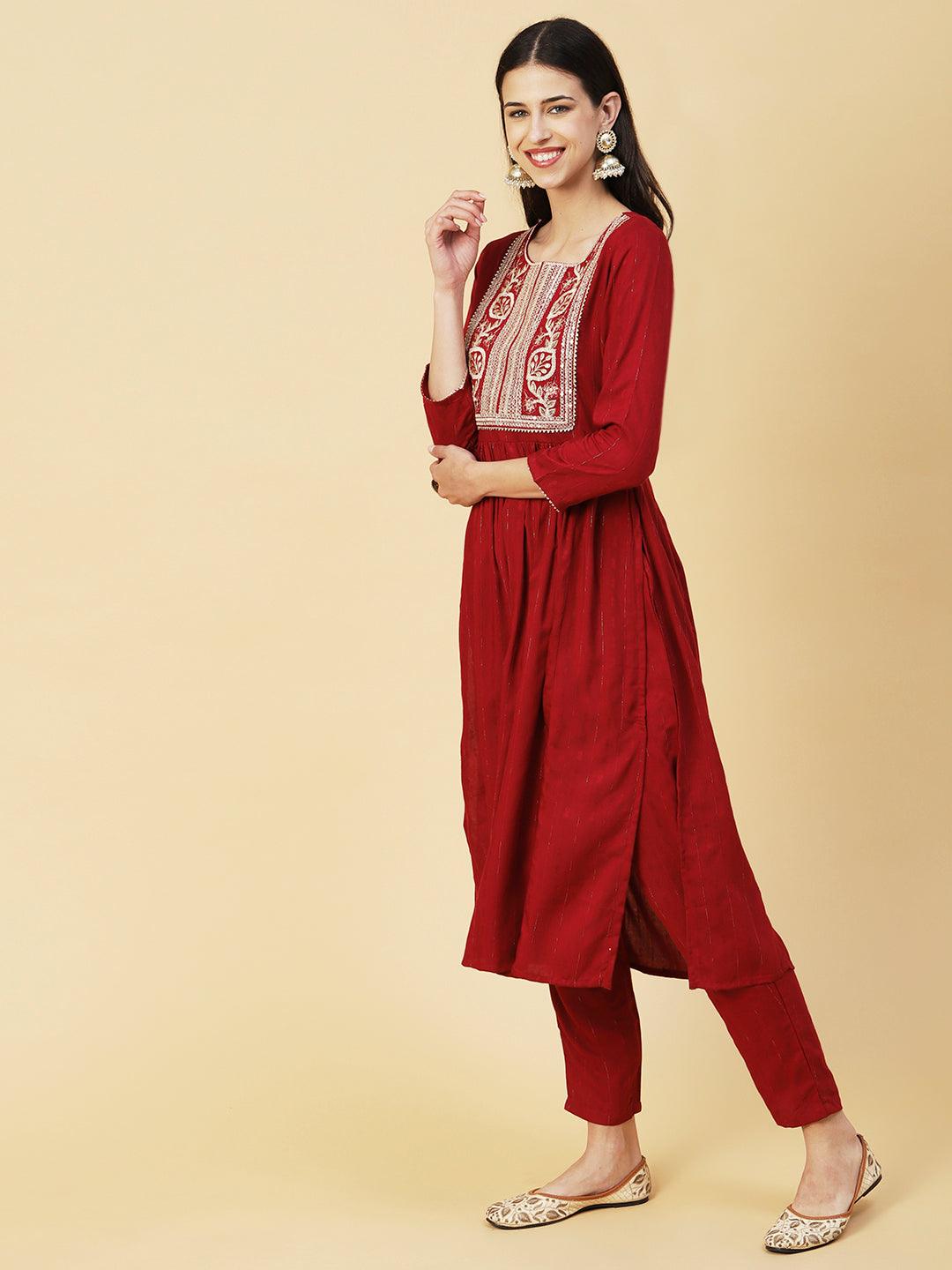 Lurex Striped Dobby Design Zari & Resham Embroidered Kurta With Pants - Maroon - Indiakreations