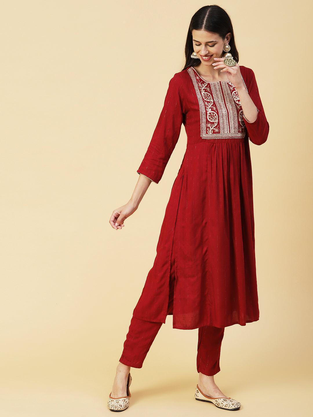 Lurex Striped Dobby Design Zari & Resham Embroidered Kurta With Pants - Maroon - Indiakreations