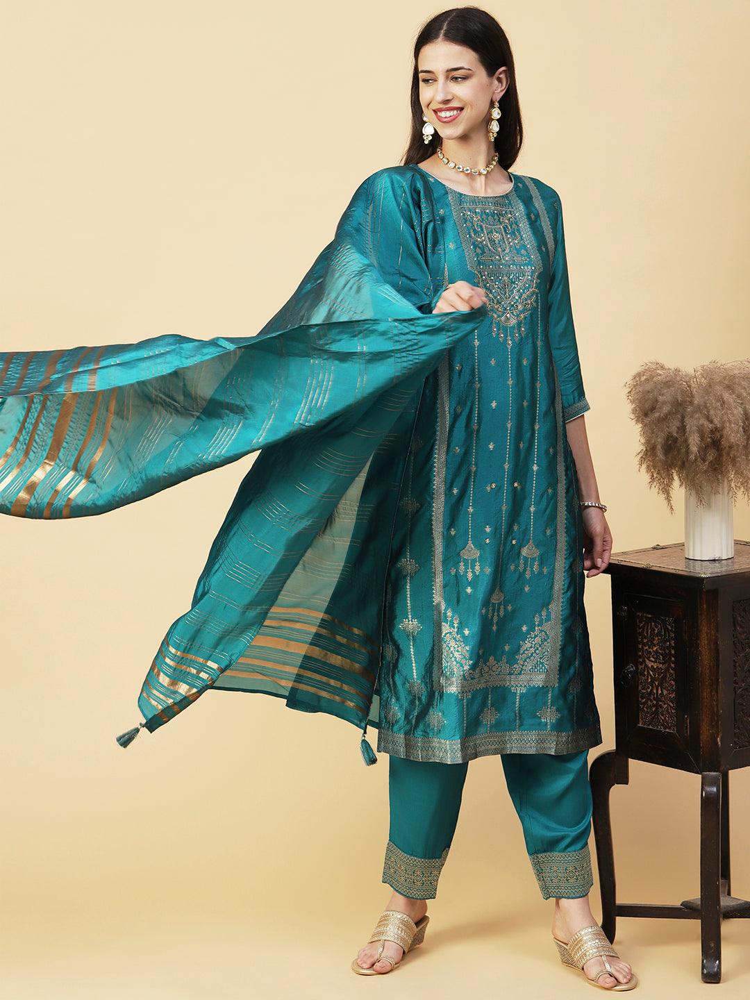 Woven Zari Design Cutdana & Pearl Embroidered Kurta With Pants & Dupatta - Teal Green - Indiakreations