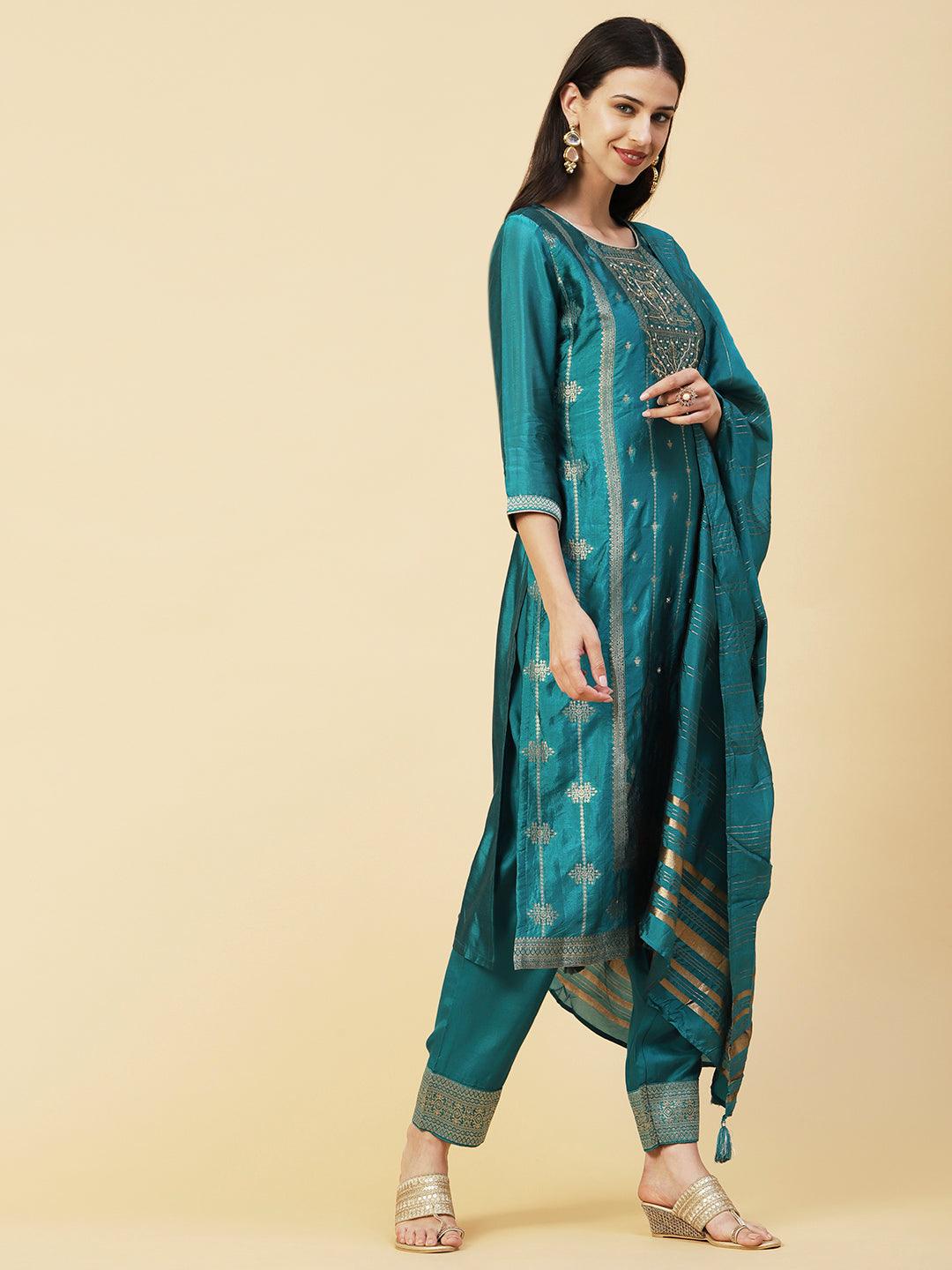 Woven Zari Design Cutdana & Pearl Embroidered Kurta With Pants & Dupatta - Teal Green - Indiakreations