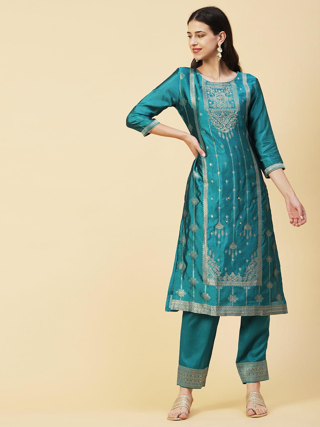 Woven Zari Design Cutdana & Pearl Embroidered Kurta With Pants & Dupatta - Teal Green - Indiakreations