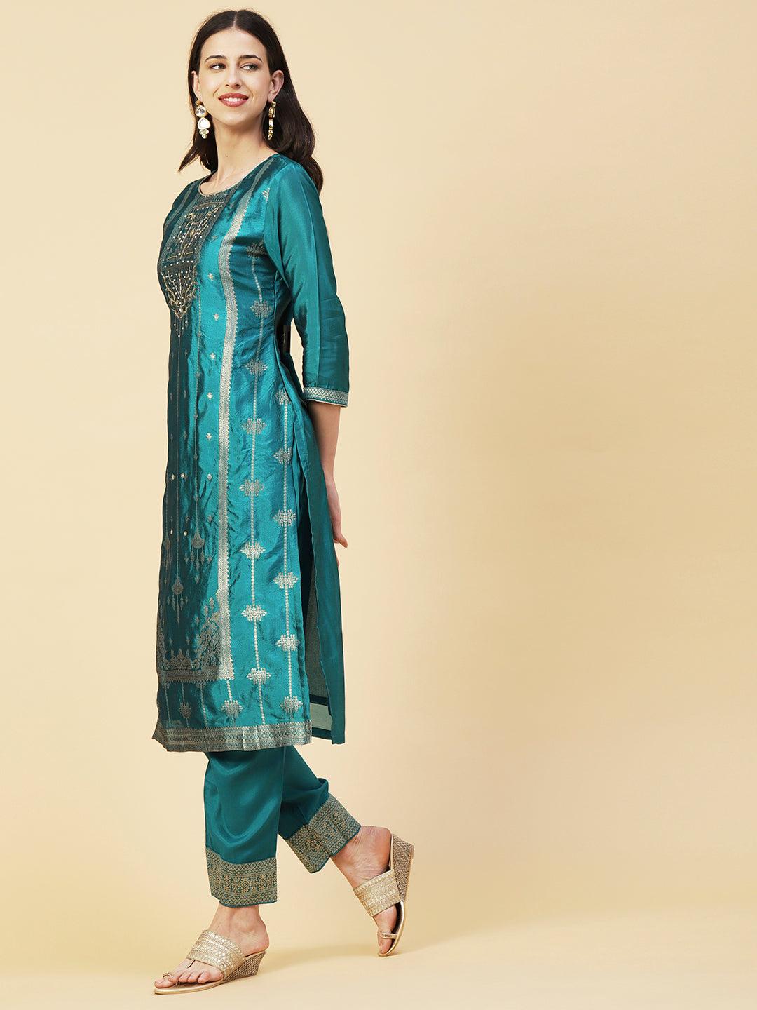 Woven Zari Design Cutdana & Pearl Embroidered Kurta With Pants & Dupatta - Teal Green - Indiakreations