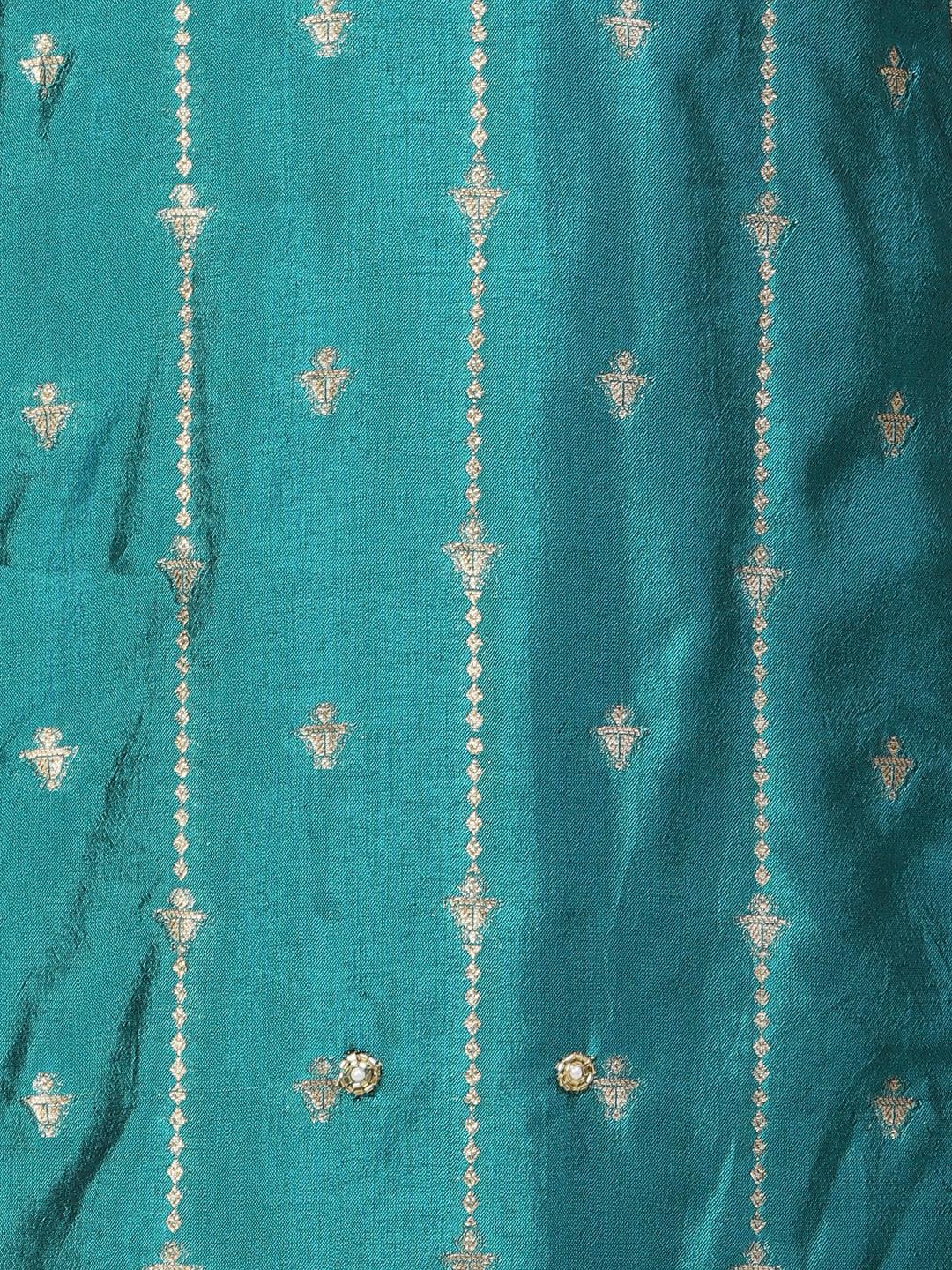 Woven Zari Design Cutdana & Pearl Embroidered Kurta With Pants & Dupatta - Teal Green - Indiakreations