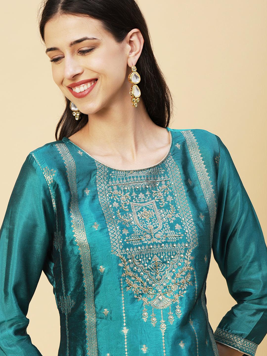 Woven Zari Design Cutdana & Pearl Embroidered Kurta With Pants & Dupatta - Teal Green - Indiakreations