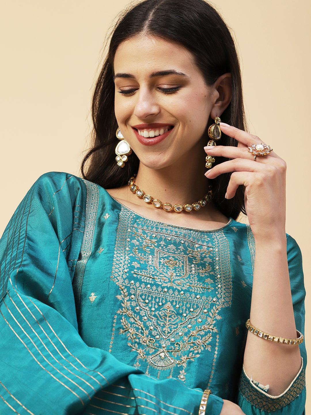 Woven Zari Design Cutdana & Pearl Embroidered Kurta With Pants & Dupatta - Teal Green - Indiakreations