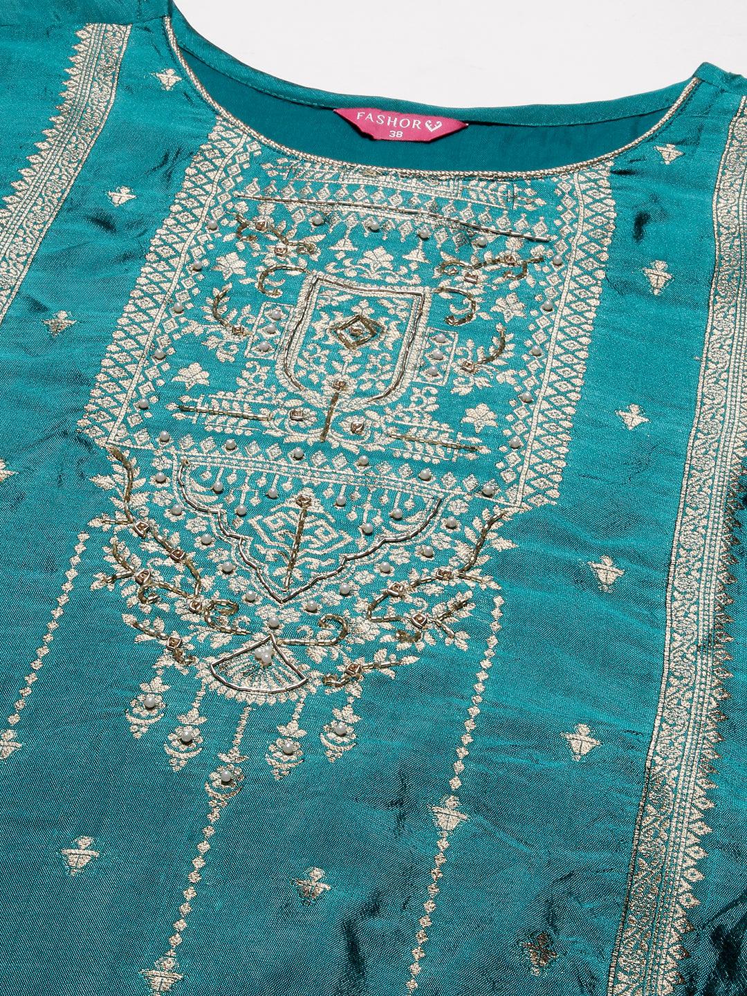 Woven Zari Design Cutdana & Pearl Embroidered Kurta With Pants & Dupatta - Teal Green - Indiakreations