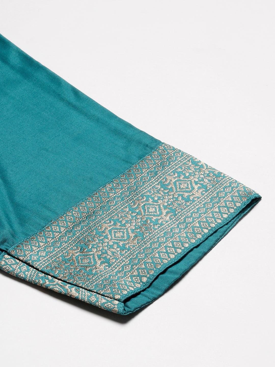 Woven Zari Design Cutdana & Pearl Embroidered Kurta With Pants & Dupatta - Teal Green - Indiakreations