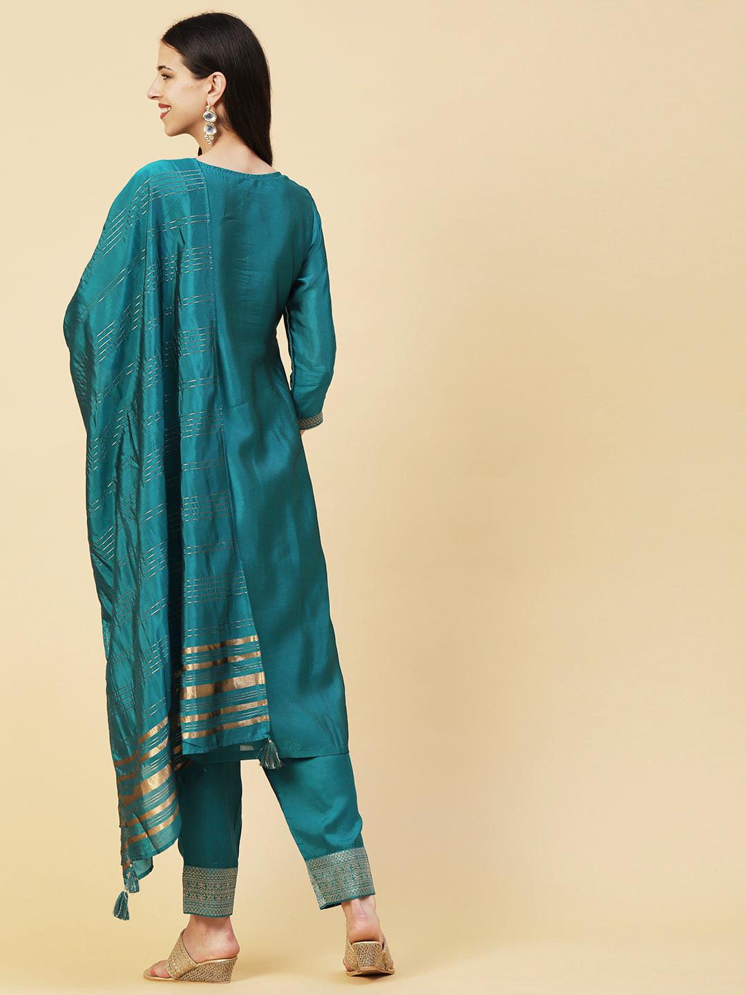 Woven Zari Design Cutdana & Pearl Embroidered Kurta With Pants & Dupatta - Teal Green - Indiakreations